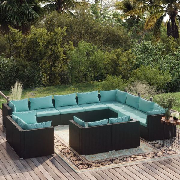 vidaXL 12-tlg. Garten-Lounge-Set mit Kissen Schwarz Poly Rattan