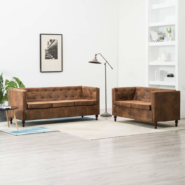 vidaXL Chesterfield Sofa-Set 2-tlg. Stoffpolsterung Braun Wildlederoptik