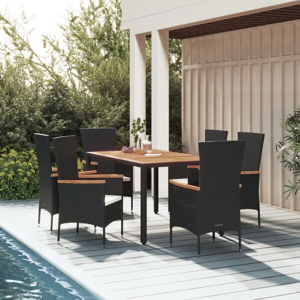 vidaXL 7-tlg. Garten-Essgruppe mit Kissen Schwarz Poly Rattan