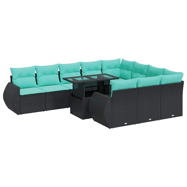vidaXL 11-tlg. Garten-Sofagarnitur mit Kissen Schwarz Poly Rattan