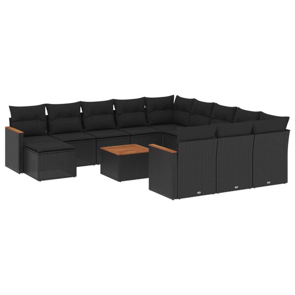 vidaXL 13-tlg. Garten-Sofagarnitur mit Kissen Schwarz Poly Rattan