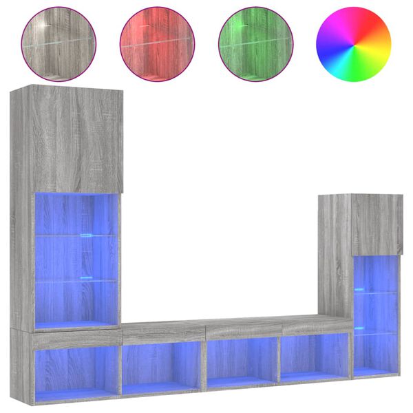 vidaXL 4-tlg. Wohnwand mit LED-Beleuchtung Grau Sonoma Holzwerkstoff
