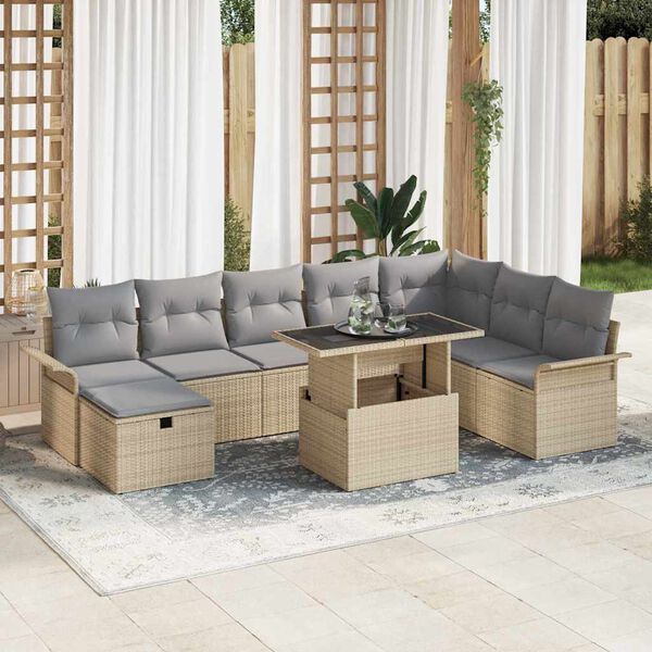 vidaXL Garten-Sofa-Set mit Kissen mit Speicher 9 pcs Beige Poly Rattan