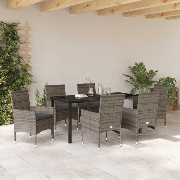 vidaXL Garten Essgruppe mit Kissen 7 pcs Grau Poly-Rattan