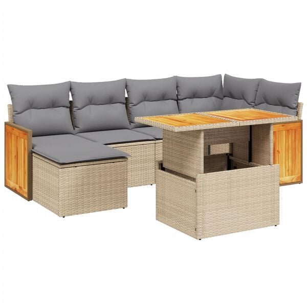 vidaXL 7-tlg. Garten-Sofagarnitur mit Kissen Beige Poly Rattan