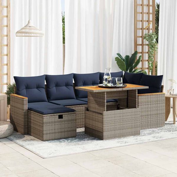 vidaXL 7-tlg. Garten-Sofagarnitur mit Kissen Grau Poly Rattan