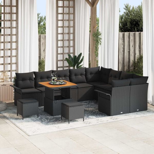 vidaXL Garten-Sofa-Set mit Kissen mit Speicher 12 pcs Schwarz