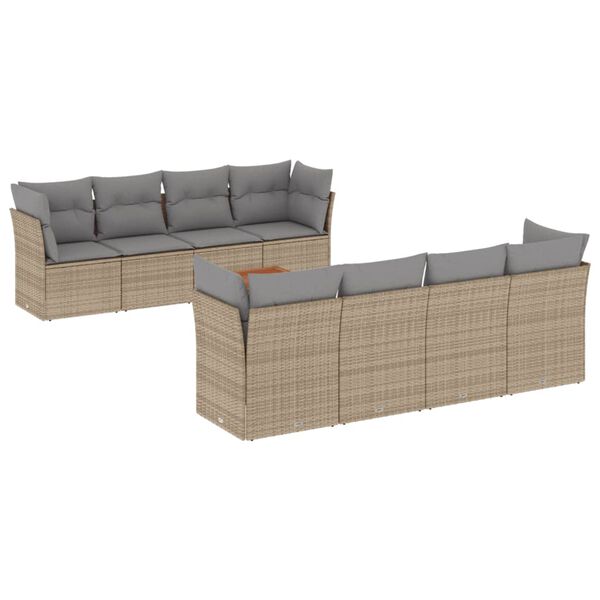 vidaXL 9-tlg. Garten-Sofagarnitur mit Kissen Beige Poly Rattan