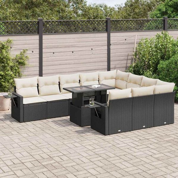 vidaXL 11-tlg. Garten-Sofagarnitur mit Kissen Schwarz Poly Rattan