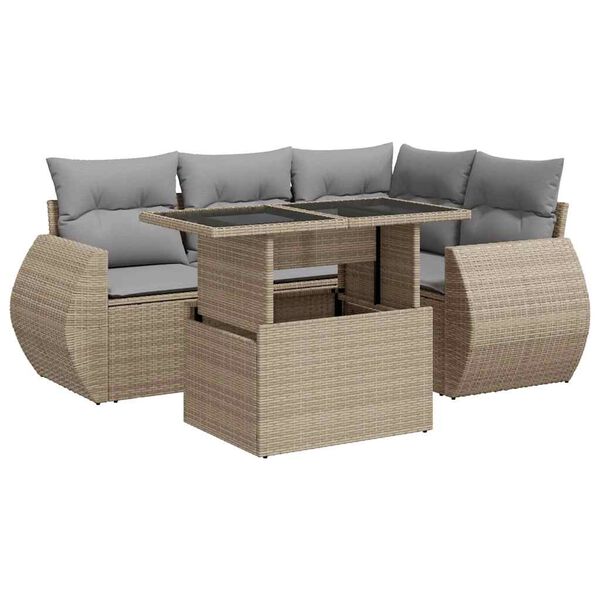 vidaXL 5-tlg. Garten-Sofagarnitur mit Kissen Beige Poly Rattan