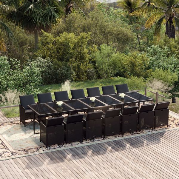 vidaXL 15-tlg. Garten-Essgruppe mit Kissen Poly Rattan Schwarz