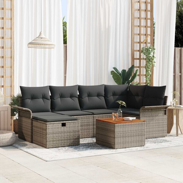 vidaXL Garten-Sofa-Set mit Kissen mit Speicher 7 pcs Grau Poly Rattan