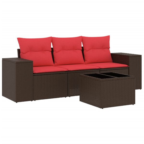 vidaXL 4-teiliges Gartensofa-Set mit Kissen, braun, Polyrattan