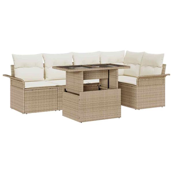 vidaXL Garten-Sofa-Set mit Kissen mit Speicher 6 pcs Beige Poly Rattan