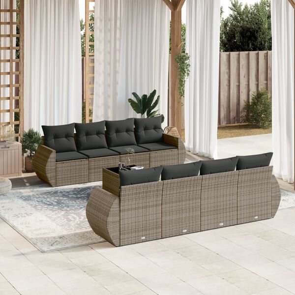 vidaXL 9-tlg. Garten-Sofagarnitur mit Kissen Grau Poly Rattan
