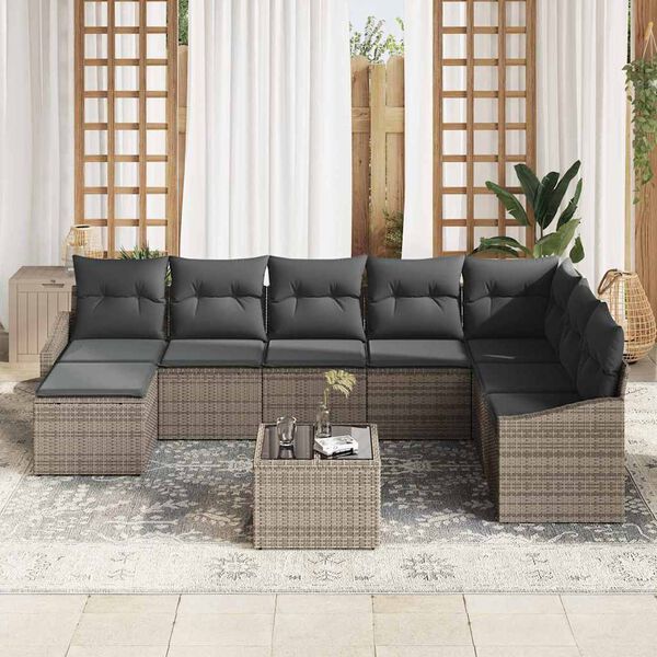 vidaXL Sofa Set mit Kissen 9 pcs Grau Poly Rattan