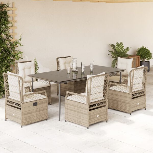 vidaXL 7-tlg. Garten-Essgruppe mit Kissen Beige Poly Rattan
