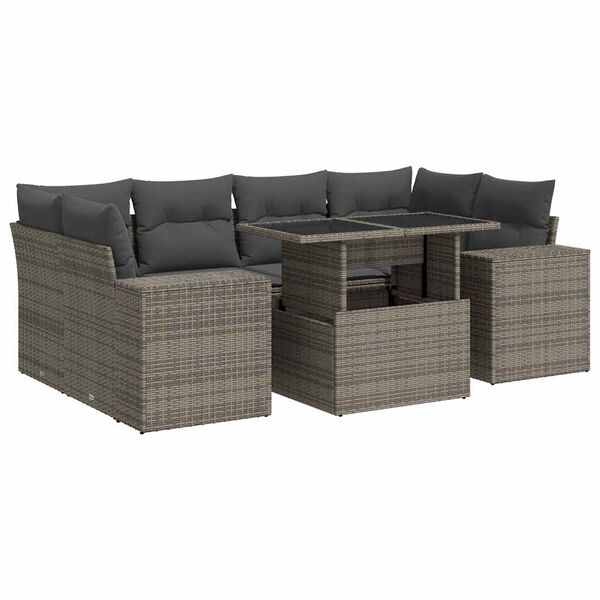 vidaXL 7-tlg. Garten-Sofagarnitur mit Kissen Grau Poly Rattan