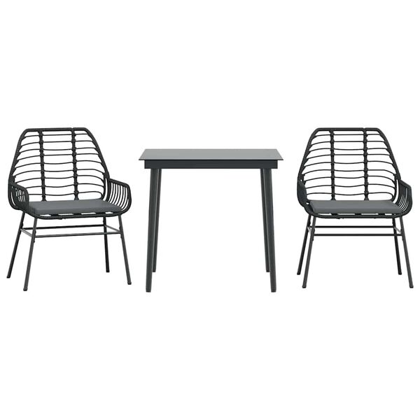 vidaXL 3-tlg. Garten-Essgruppe mit Kissen Schwarz Poly Rattan Glas