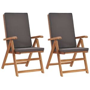 vidaXL Klappbare Liegest&uuml;hle mit Kissen, 2 St&uuml;ck, Massivholz Teak, Grau