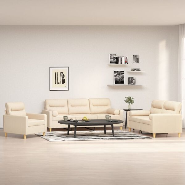 vidaXL 3-tlg. Sofagarnitur mit Kissen Creme Stoff