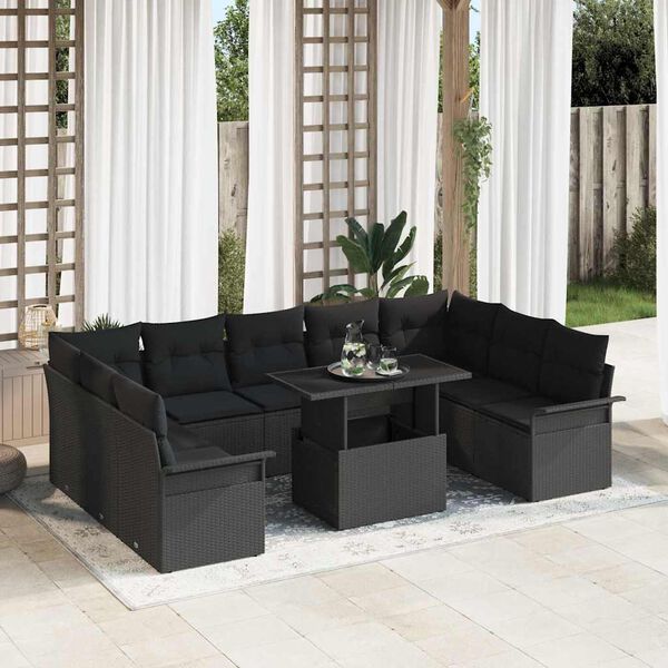 vidaXL Sofa Set mit Kissen 10 pcs Schwarz Poly-Rattan