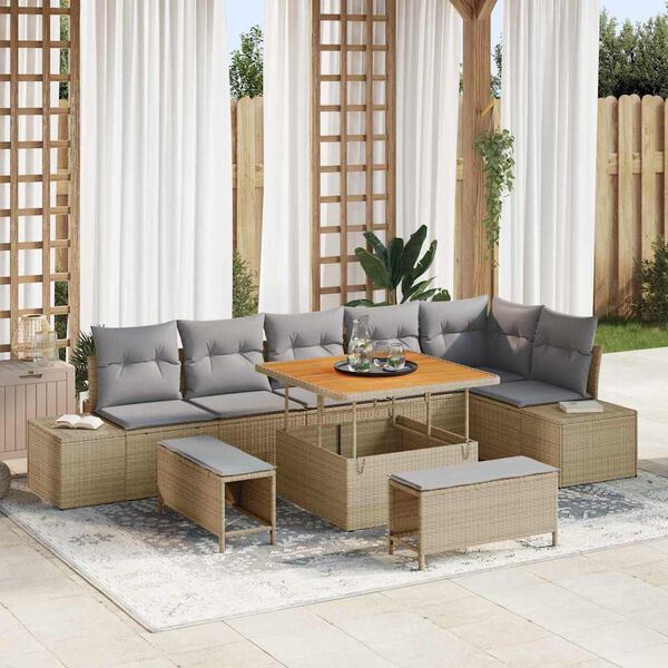 vidaXL Garten-Sofa-Set mit Kissen 9 pcs Beige Poly Rattan