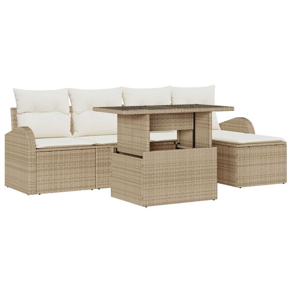 vidaXL Garten-Sofa-Set mit Kissen mit Speicher 6 pcs Beige Poly Rattan