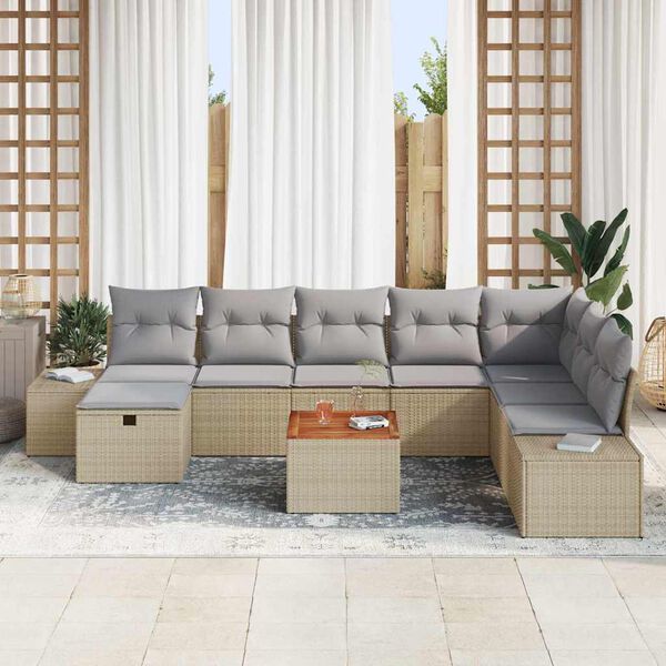 vidaXL Garten-Sofa-Set mit Kissen mit Speicher 9 pcs Beige Poly Rattan