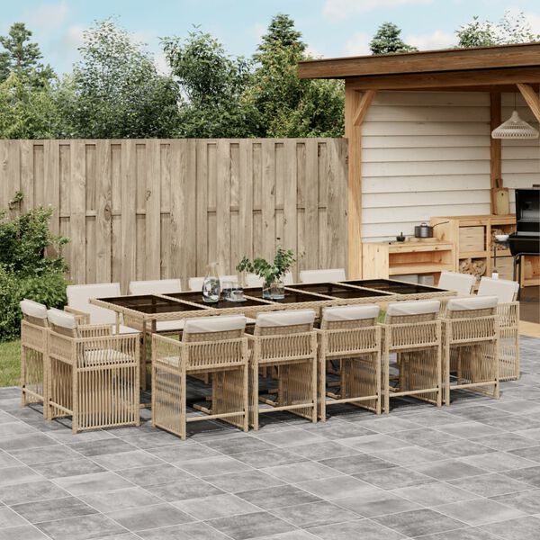 vidaXL 15-tlg. Garten-Essgruppe mit Kissen Beige Poly Rattan