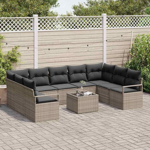 vidaXL Sofa Set mit Kissen mit Speicher 10 pcs Hellgrau Poly-Rattan