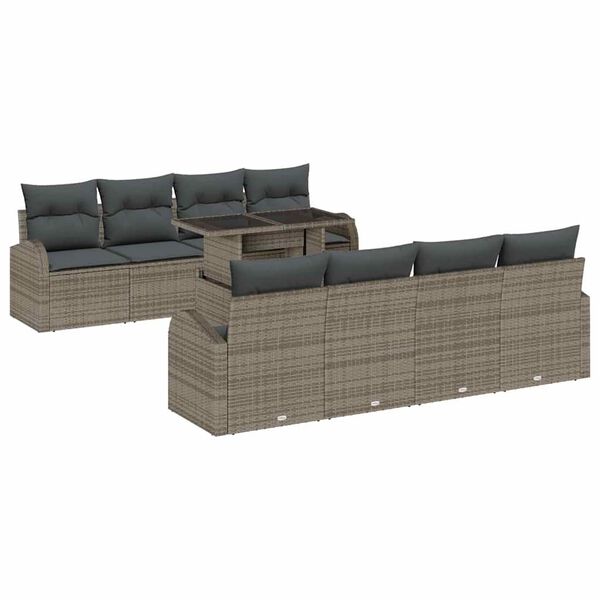 vidaXL Gartensofa-set mit Kissen mit Speicher 9 pcs Grau Poly Rattan