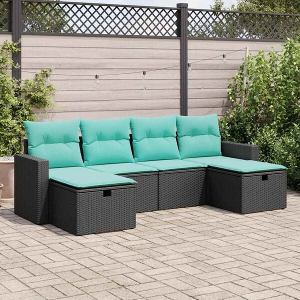 vidaXL 6-tlg. Garten-Sofagarnitur mit Kissen Schwarz Poly Rattan