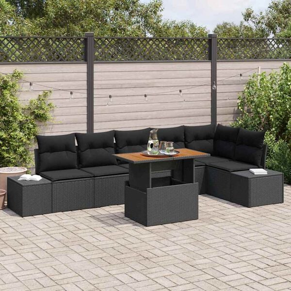 vidaXL Garten-Sofa-Set mit Speicher 7 pcs Schwarz Poly Rattan