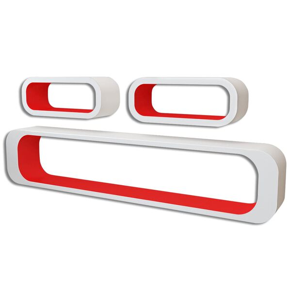 3-tlg. Wandregal-Set f&uuml;r B&uuml;cher DVD MDF Wei&szlig; Rot