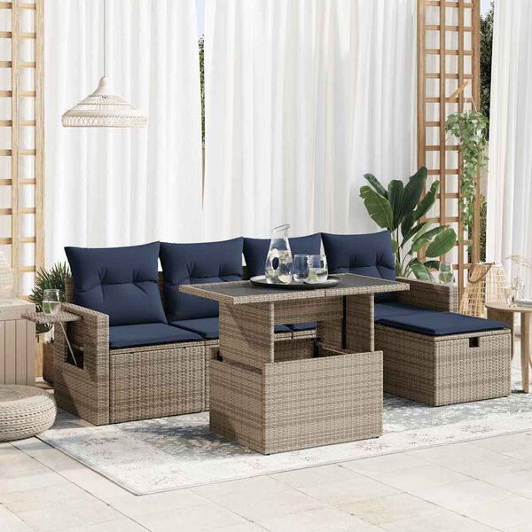 vidaXL 6-tlg. Garten-Sofagarnitur mit Kissen Grau Poly Rattan Akazie