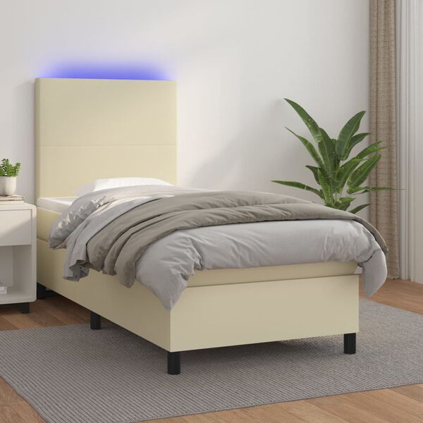vidaXL Boxspringbett mit Matratze & LED Creme 100x200 cm Kunstleder