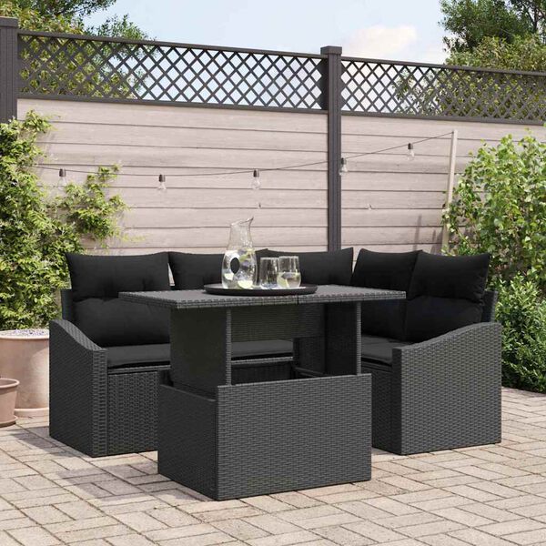vidaXL Garten-Sofa-Set mit Kissen mit Speicher 5 pcs Schwarz