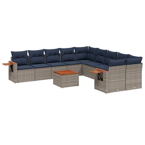 vidaXL 11-tlg. Garten-Sofagarnitur mit Kissen Grau Poly Rattan