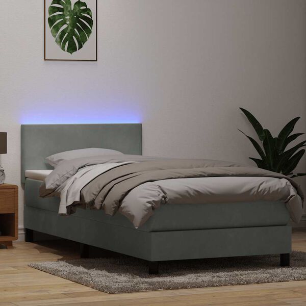 vidaXL Boxspringbett mit Matratze & LED Hellgrau 100x220 cm Samt