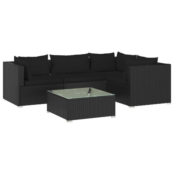 vidaXL 5-tlg. Garten-Lounge-Set mit Kissen Poly Rattan Schwarz