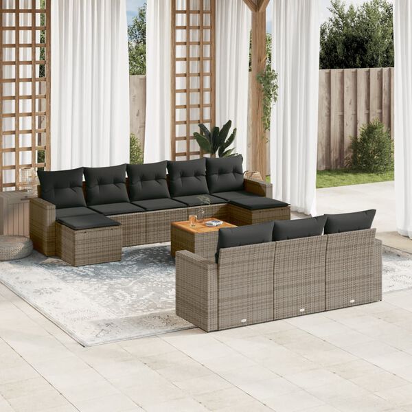 vidaXL 11-tlg. Garten-Sofagarnitur mit Kissen Grau Poly Rattan