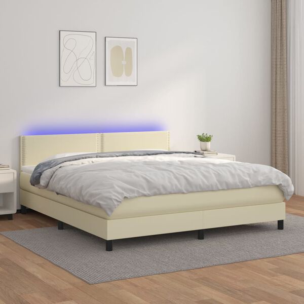 vidaXL Boxspringbett mit Matratze & LED Creme 160x200 cm Kunstleder