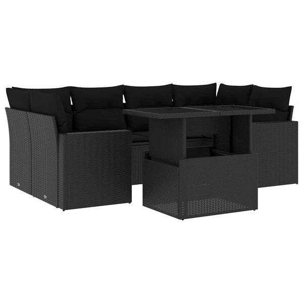 vidaXL 7-tlg. Garten-Sofagarnitur mit Kissen Schwarz Poly Rattan