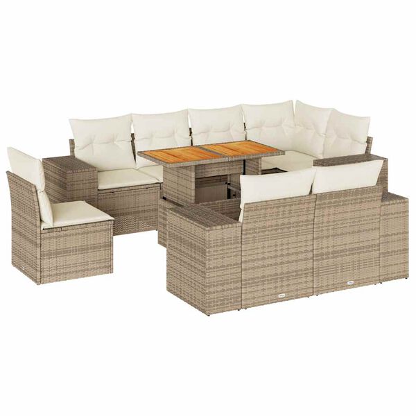 vidaXL 9-tlg. Garten-Sofagarnitur mit Kissen Beige Poly Rattan