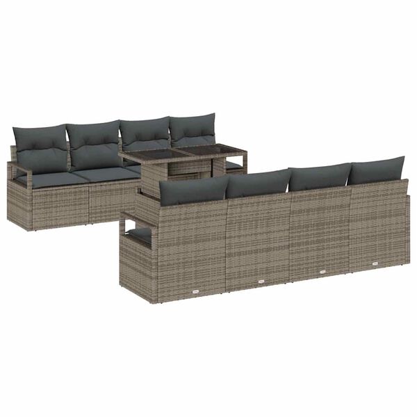 vidaXL Gartensofa-set mit Kissen mit Speicher 9 pcs Grau Poly Rattan
