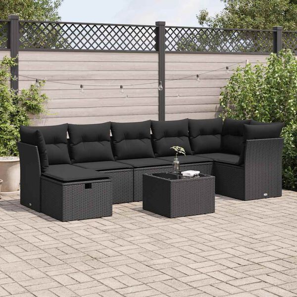 vidaXL 7-tlg. Garten-Sofagarnitur mit Kissen Schwarz Poly Rattan