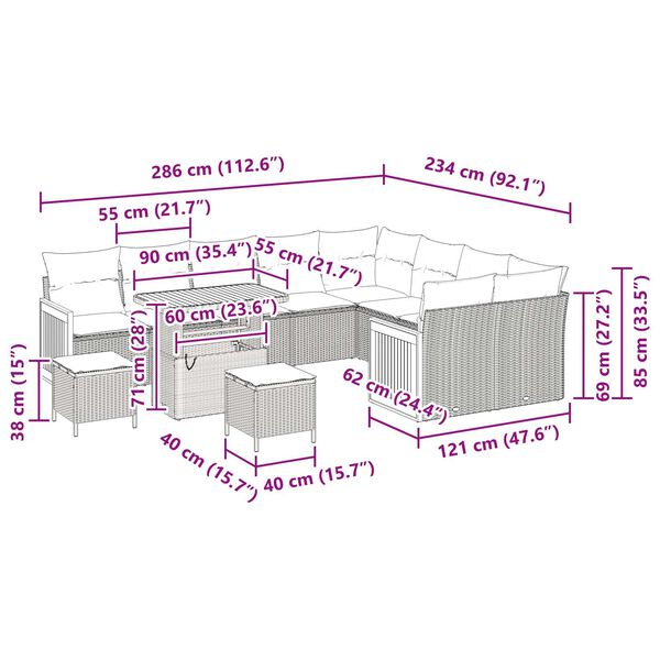 vidaXL Garten-Sofa-Set mit Kissen 12 pcs Schwarz 90 x 55 x 71 cm