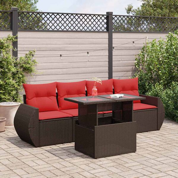 vidaXL 5-tlg. Garten-Sofagarnitur mit Kissen Braun Poly Rattan Akazie