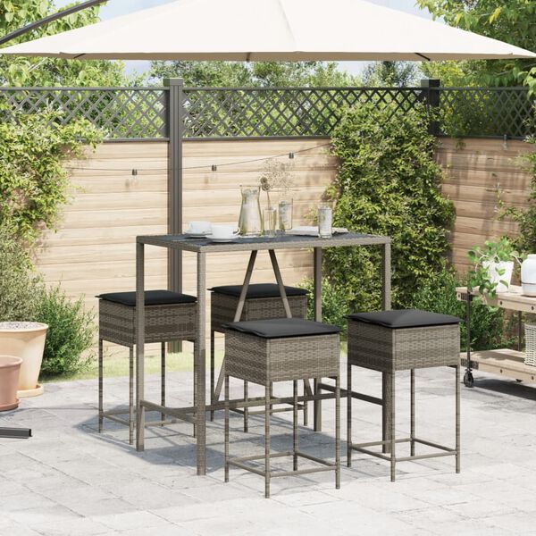 vidaXL 5-tlg. Gartenbar-Set mit Kissen Grau Poly Rattan